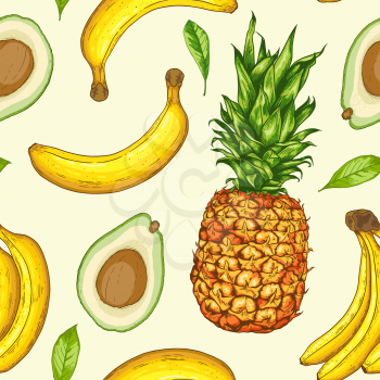 Hand drawn tropical seamless pattern with pineapple, avocado and bananas. Vector background.