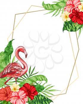 Tropical floral background with pink flamingo, red flowers and green palm leaves. Vector illustration