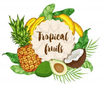 Round paper label with ripe tropical fruits and green leaves on a white background. Vector illustration