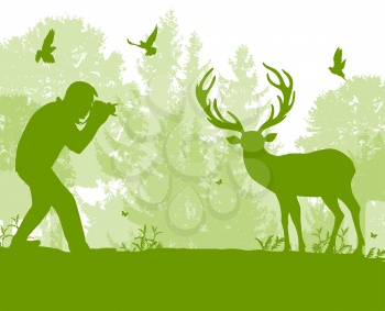 The man photographs a deer in the forest. Wildlife protection and ecology concept. Vector illustration