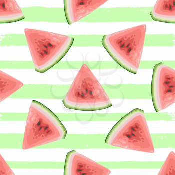 Summer tropical seamless pattern with sweet  juicy watermelon on a green striped background. Vector illustration