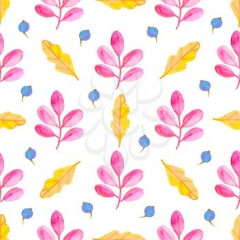 Watercolor autumn floral seamless pattern with falling leaves and blue berry. Hand drawn nature background
