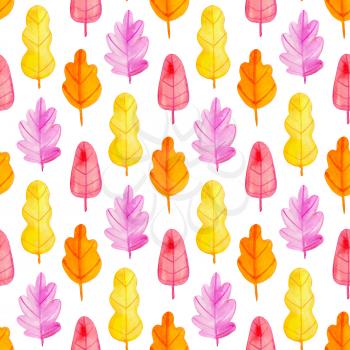 Watercolor autumn floral seamless pattern with bright orange, red and yellow leaves. Hand drawn nature background