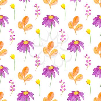 Watercolor autumn floral seamless pattern with orange leaves and daisy flowers. Hand drawn nature background