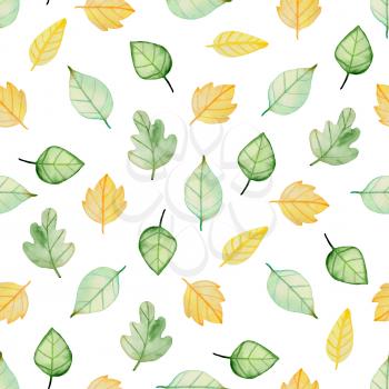 Watercolor autumn floral seamless pattern with green and yellow leaves. Hand drawn nature background