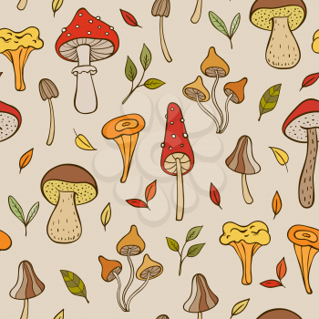 Autumn doodle seamless pattern with forest mushrooms and leaves. Hand drawn vector background