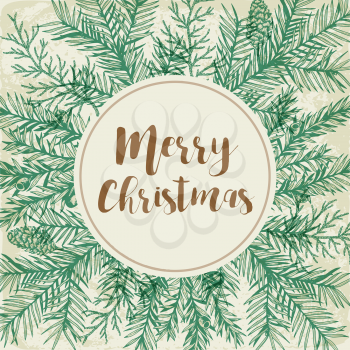 Vintage Christmas greeting card with green fir branches. Decorative background for Christmas and new year. Hand drawn vector illustration.