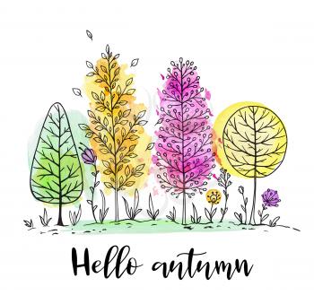 Autumn natural landscape with yellow, green and red watercolor trees on a white background. Hand drawn vector illustration.