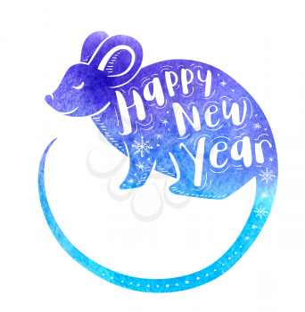 Cute rat symbol of Chinese zodiac for new year. Blue watercolor silhouette of rat and lettering. Hand drawn vector illustration