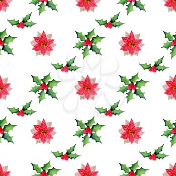 Watercolor Christmas floral seamless pattern with holly and poinsettia flowers on a white background. 
