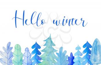 Watercolor Christmas and new year greeting card with blue fir tree and leaves. Decorative hand drawn winter background