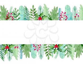 Watercolor Christmas and new year greeting card with evergreen plants, green branches and leaves. Decorative winter hand drawn floral background