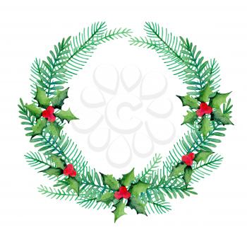 Watercolor winter hand drawn green wreath of fir branches and holly on a white background. New year and Christmas design.