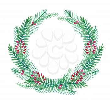 Watercolor winter hand drawn green wreath of fir branches and red berry on a white background. New year and Christmas design.