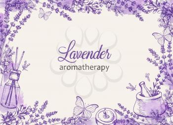 Vintage floral frame with purple lavender flowers and butterflies. Spa and aromatherapy ingredients. Hand drawn vector background.