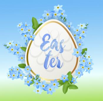 Decorative Easter egg and blue spring flowers. Festive background. Vector illustration. Holiday greeting card.