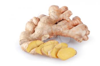 Fresh sliced ginger root on a white background. Healthy food and spices.