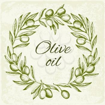 Vintage background with hand drawn green olives. Vector illustration