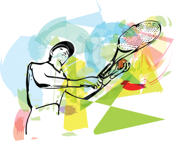 Colorful abstract sketch of one man tennis player at service serving silhouette