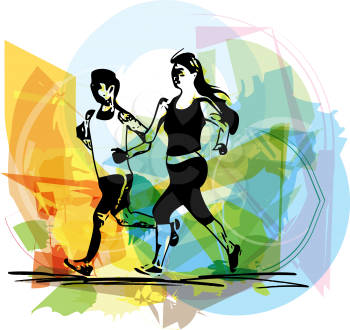 Abstract illustration of young fitness couple of man and woman jogging in park