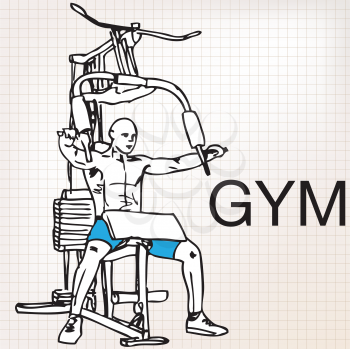 Illustration of muscular man exercising on a lat machine in gym