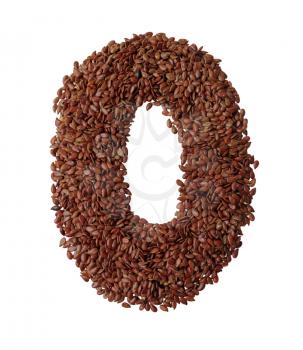 Number 0 made with Linseed also known as flaxseed isolated on white background. Clipping Path included