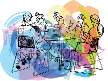 Female creatives in a meeting room listening to their colleague making an informal presentation. Vector Illustration
