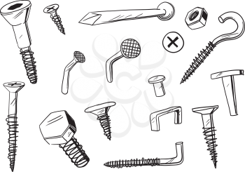 set of of various, doodle drawn fasteners
