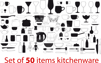 Big set of fifty different items kitchenware. Each piece in two versions - only the outline and more detailed