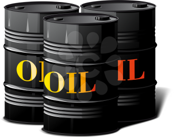 Three metal barrels of oil with a shadow on white background
