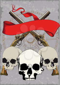 Pirate Poster with skulls, crossed pistols and red ribbon on grunge background