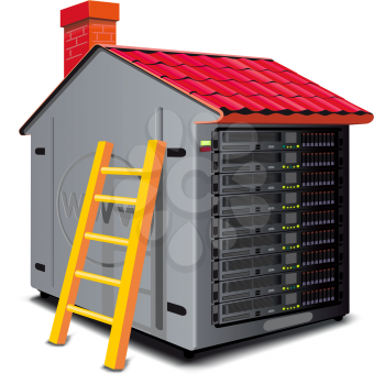 Web server rack designed as a house with a roof