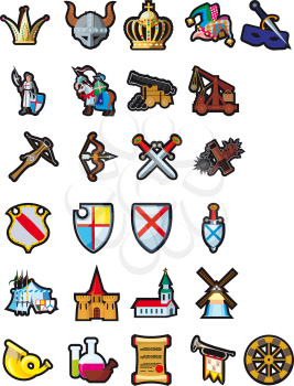A large set of different icons of medieval themes.