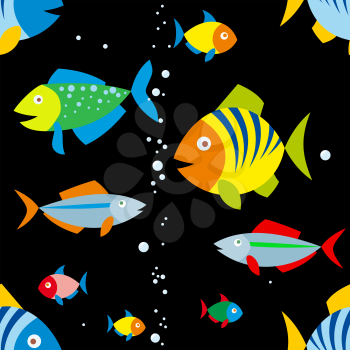 seamless background of colorful fish and air bubbles on black color