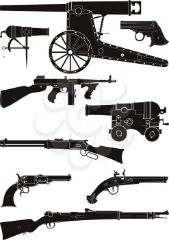 Set of silhouettes of classic firearms of different historical periods