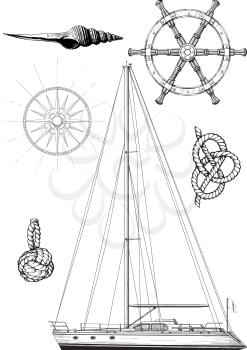 Set of marine and yachting symbols consisting of the yacht, the wheel, wind patterns and knots. Isolated on white