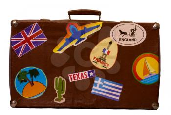 old brown suitcase with labels front view. On white background