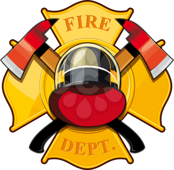 fire department badge with crossed axes, fire helmet against the yellow Maltese cross