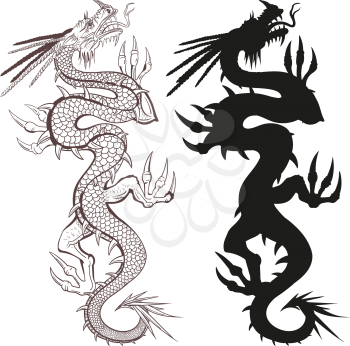 An oriental dragon and a dragon silhouette creeping up isolated on a white background