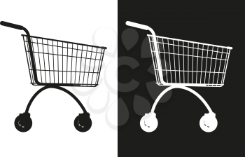 simple shopping trolley silhouettes in a supermarket on a white and black background