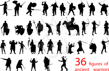 a set of thirty-six silhouettes of armed ancient warriors of different historical periods and continents