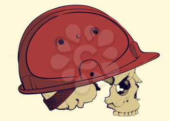 skull in profile in red plastic construction helmet