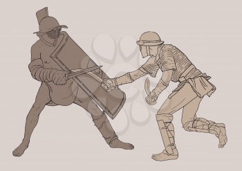 Historical reconstruction of two battling gladiators. The position of one gladiator relative to the other can be slightly changed, because the file is multilayered