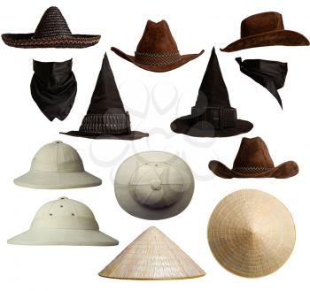 A small set of different hats in different positions. Mexican, cowboy, Vietnamese witch hat and cork helmet