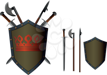 Crossed edged weapons swords and axes behind a shield with a painted crown