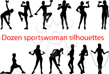 few silhouettes A young girl with a slim figure plays sports with dumbbells and a skipping rope