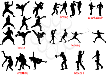 25 silhouettes of various sports baseball, karate, boxing, fencing, wrestling and nunchucks