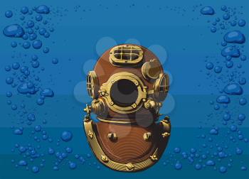 Vintage classic heavy copper diver helmet on the background of the sea and air bubbles. Vector illustration in the engraving style.