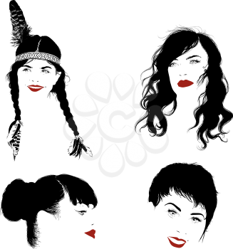 four silhouettes of faces of different girls with different hairstyles on a white background
