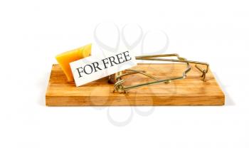 conceptual picture of a mousetrap with a piece of cheese and the inscription FOR FREE on a white background
